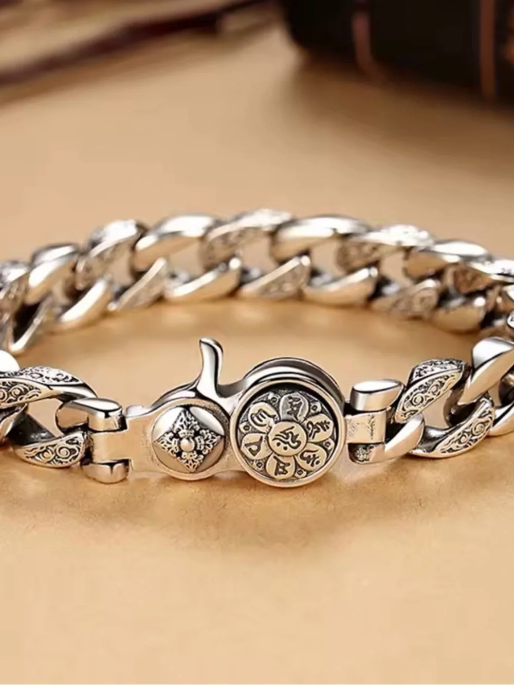Silver Engraved Cubed Chain Bracelet with Mantra Clasp for Men.